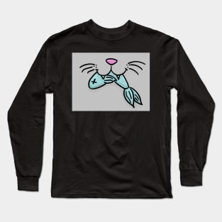 Cat Mouth With Fish (Gray) Long Sleeve T-Shirt